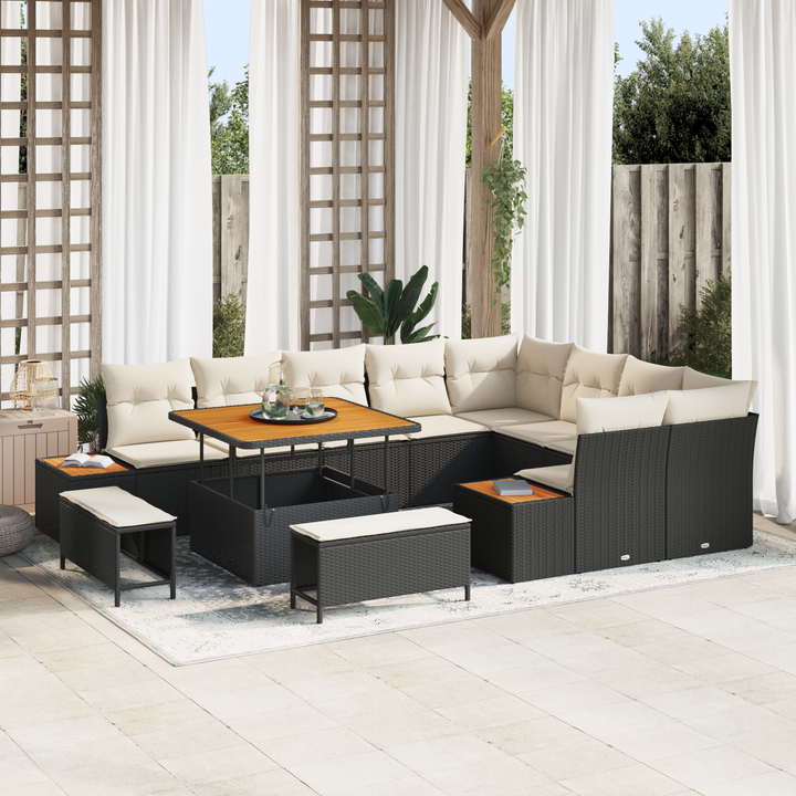 Havesofa Sæt med pude med opbevaring 12 pcs Sort Poly rattan