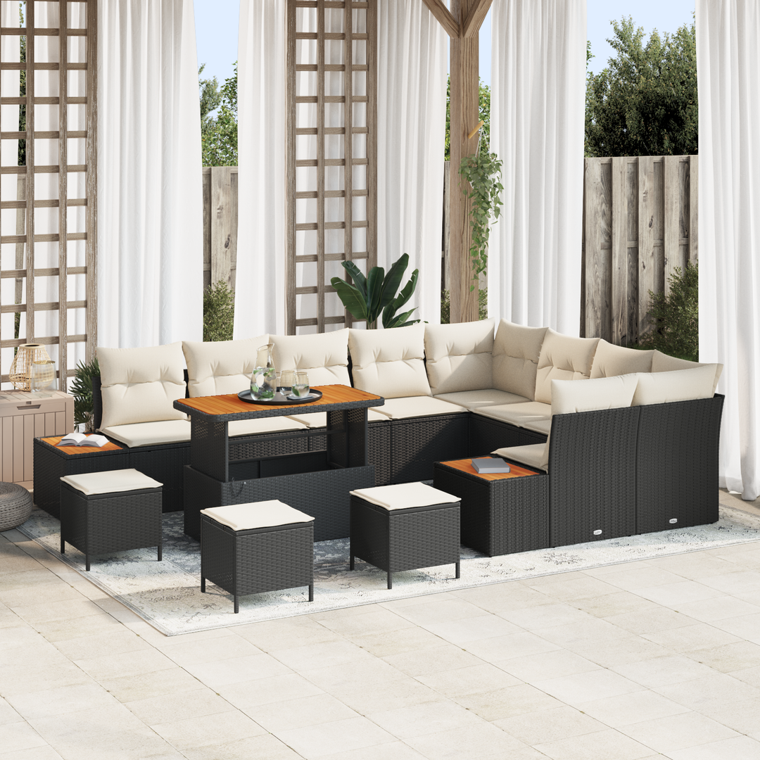 Havesofa Sæt med pude med opbevaring 13 pcs Sort Poly rattan