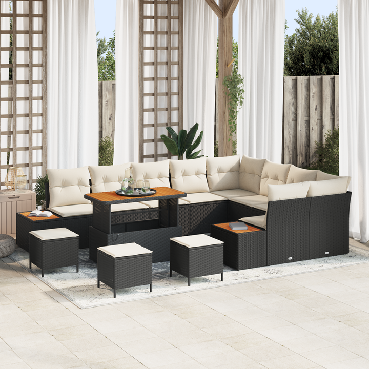 Havesofa Sæt med pude med opbevaring 13 pcs Sort Poly rattan