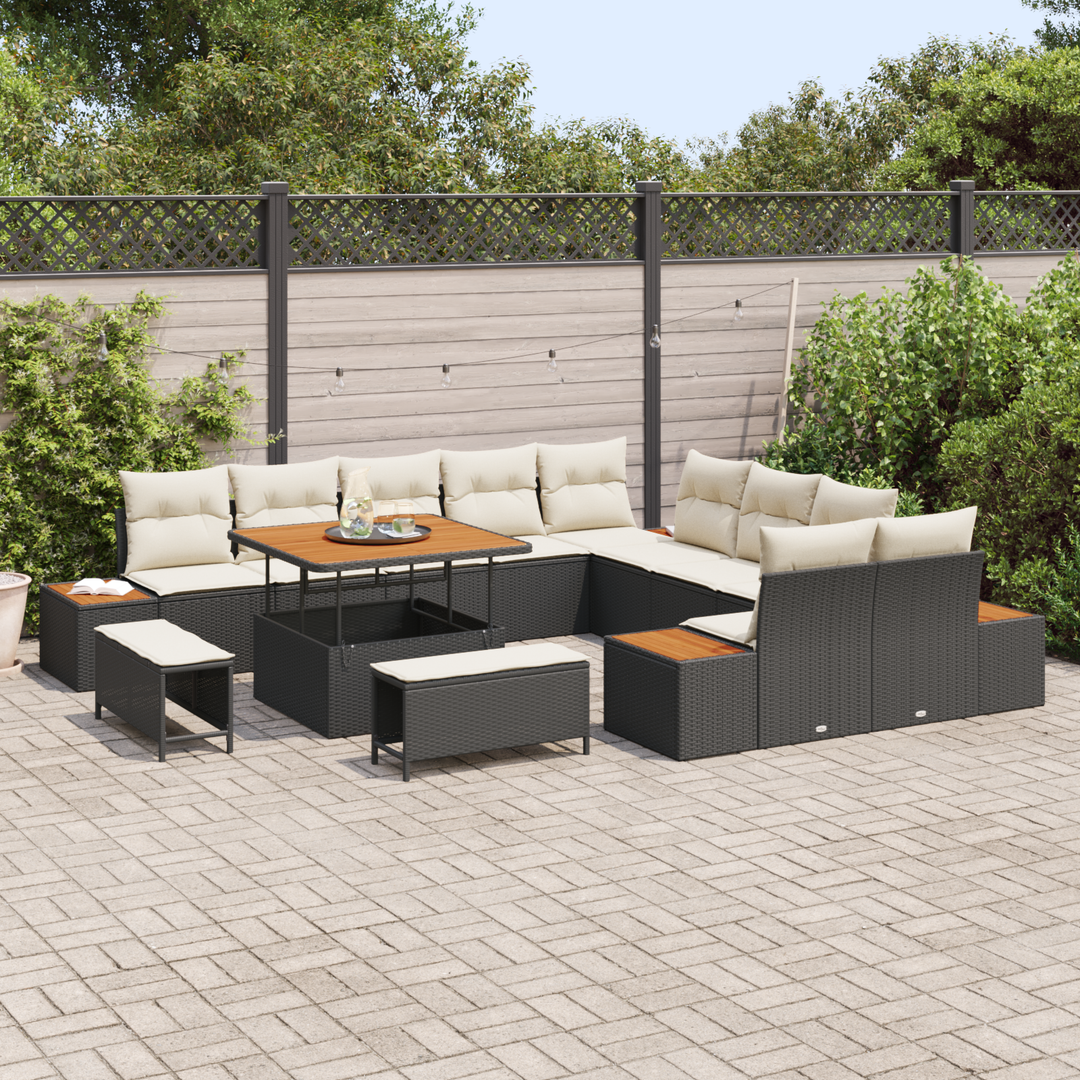 Havesofa Sæt med pude med opbevaring 13 pcs Sort Poly rattan