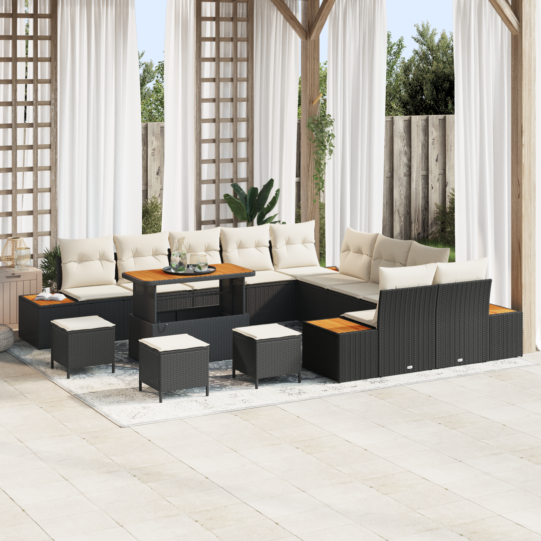 Havesofa Sæt med pude med opbevaring 14 pcs Sort Poly rattan