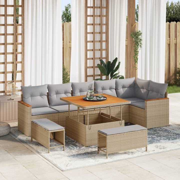 Havesofa Sæt med pude 9 pcs Beige Poly rattan