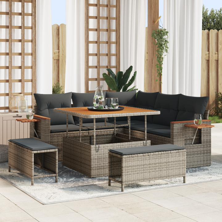 Havesofa Sæt med pude 9 pcs Grå polyrattan