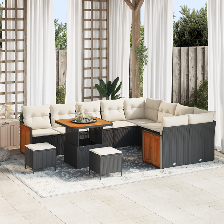 Havesofa Sæt med pude 13 pcs Sort og Cream polyrattan