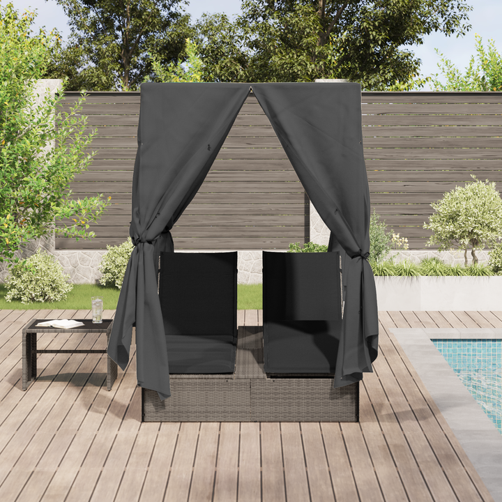 Dobbelt solstol med gardiner Grå 205 x 129 x 200 cm polyrattan