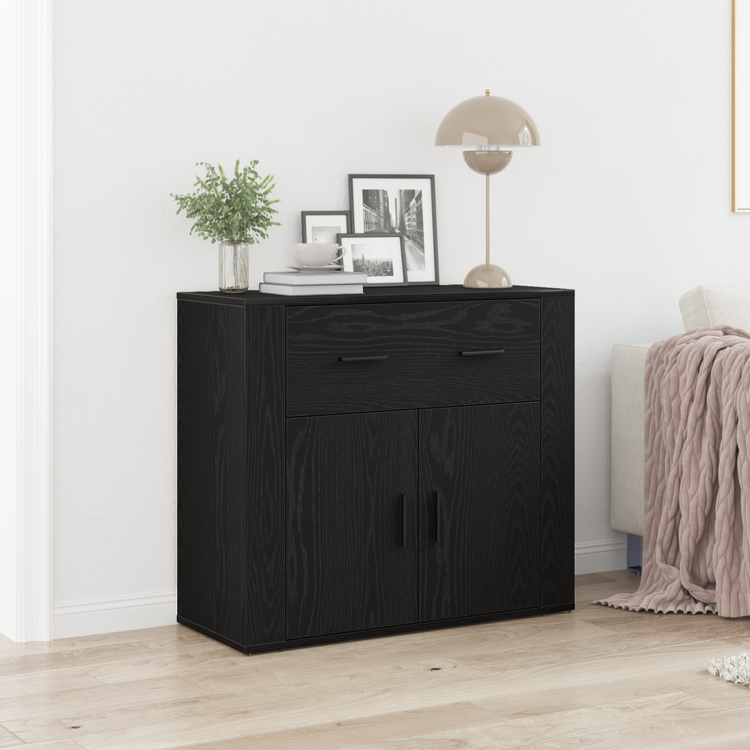 Sideboard med skuffe Sort eg 80 x 33 x 70 cm Konstrueret træ