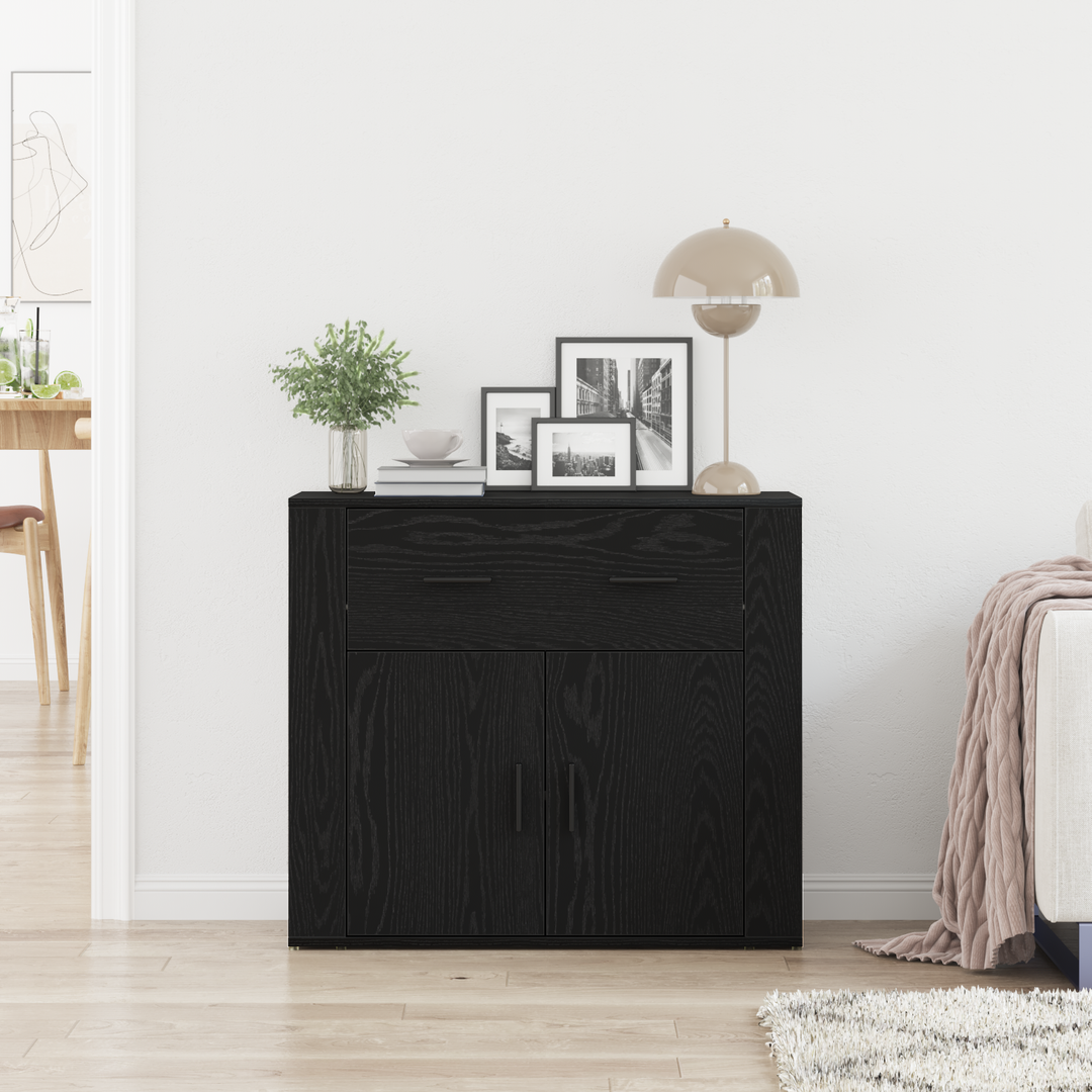 Sideboard med skuffe Sort eg 80 x 33 x 70 cm Konstrueret træ