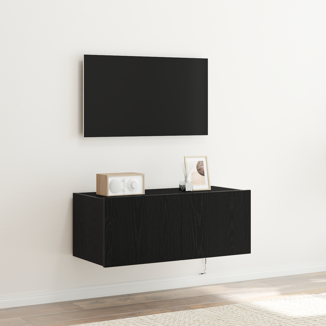 TV vægskab med LED Sort eg 80 x 35 x 31 cm Konstrueret træ