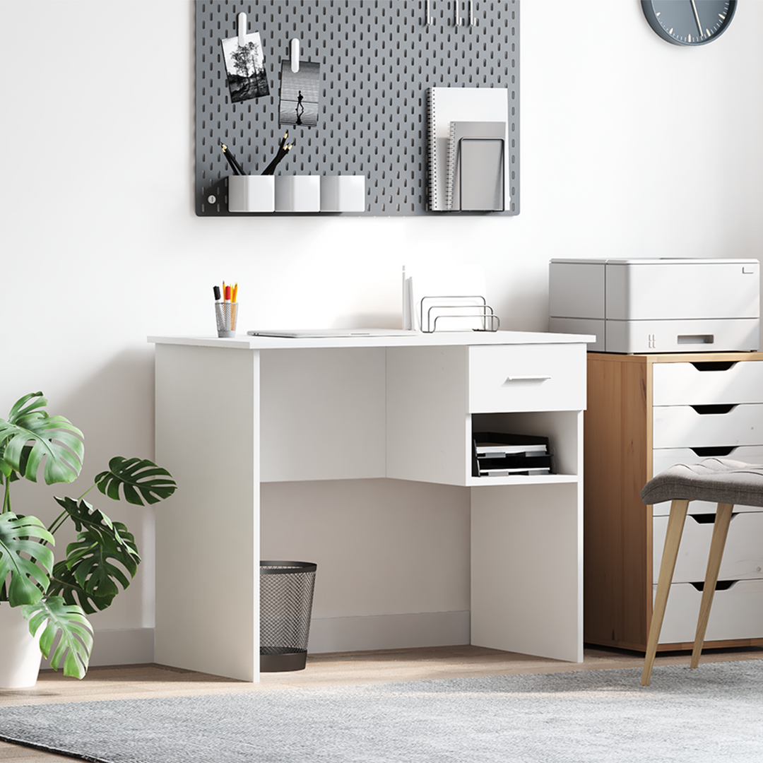 Bord med skuffe med hylde Hvid 90 x 49 x 75 cm Konstrueret træ