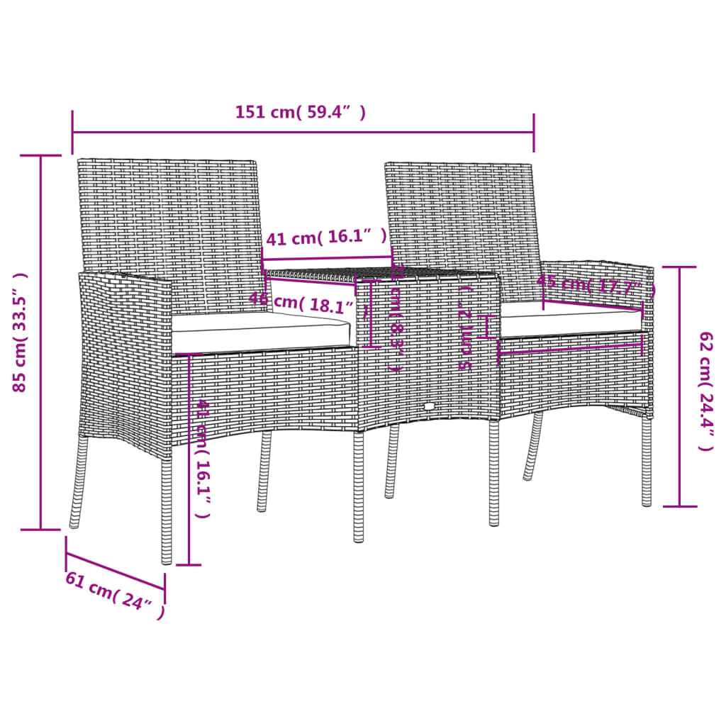 2-personers havestol med tebord polyrattan antracitgrå